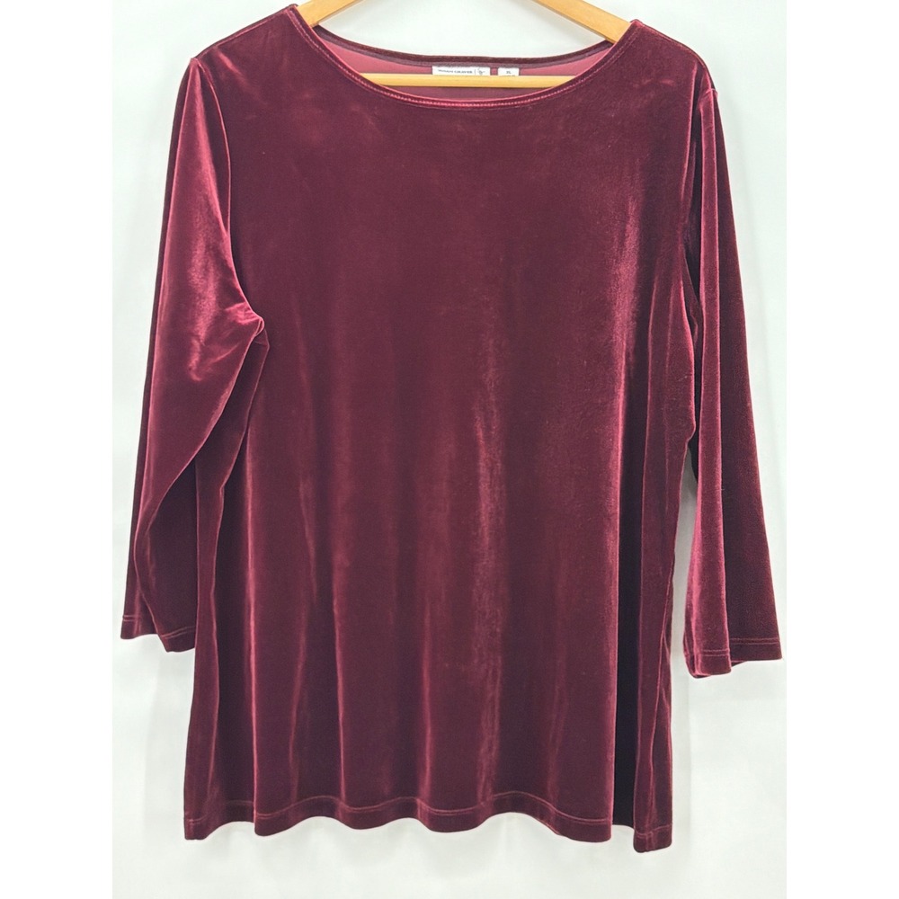 Susan Graver Burgundy Velvet Scoop Neck Top 3/4 Sleeve XL Red Wine Holiday